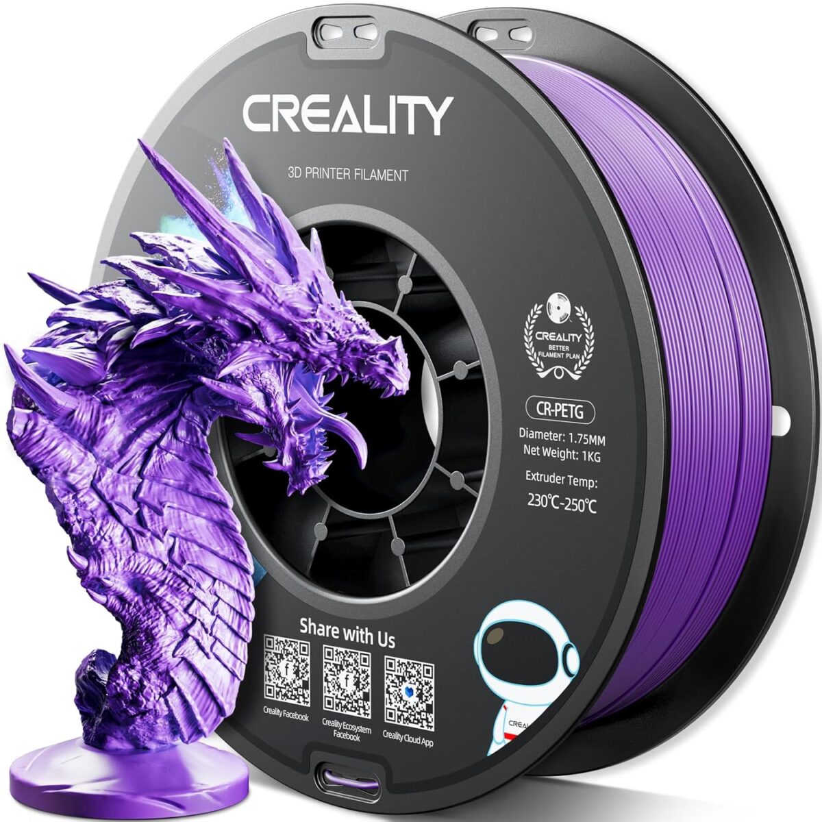 Creality CR-PETG Purple 3D Printer Filament, Hard Glossy, Tensile Str. 49MPA, 1 kg Spool1.75 - CREALITY 2.35.71.01.099