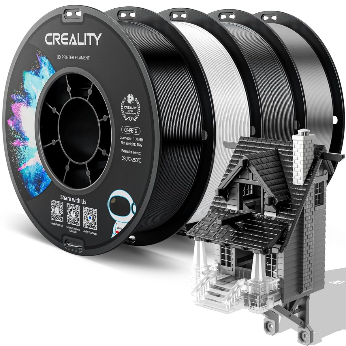 Creality CR-PETG Value Pack 4kg - Black & White & Gray & Transparent 3D Printer Filament (Grey) no r - CREALITY 2.35.71.01.122