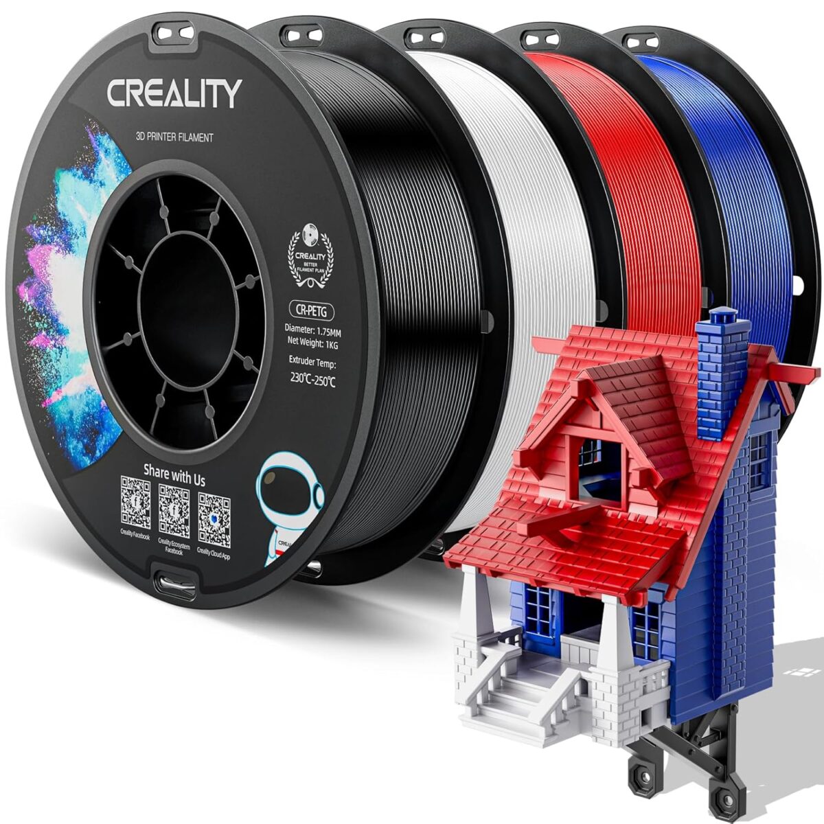 Creality CR-PETG Value Pack 4kg - Black & White & Red & Blue 3D Printer Filament no reel - CREALITY 2.35.71.01.126