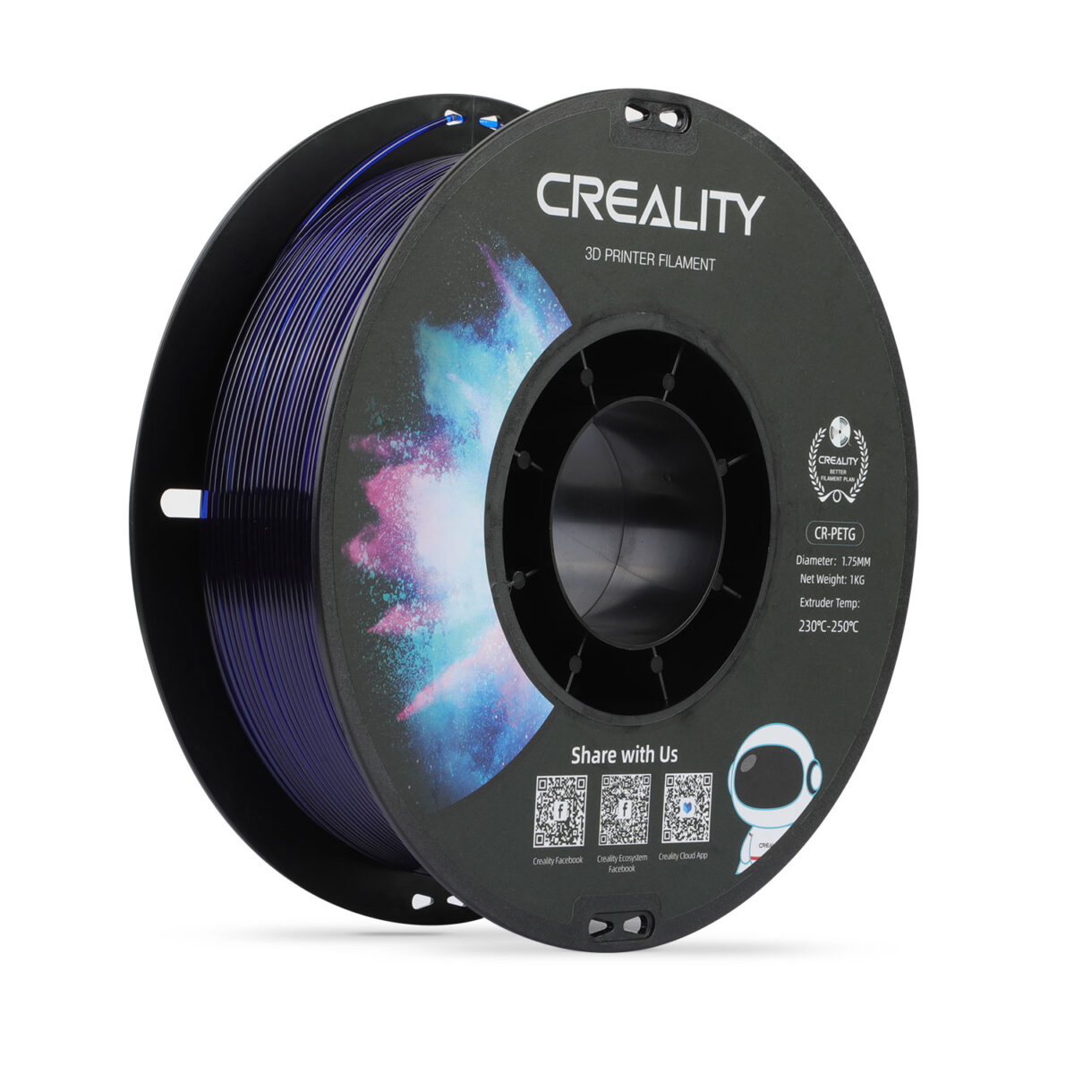 Creality CR-PETG Transparent Blue 3D Printer Filament, Hard Glossy, Tensile Str. 49MPA, 1 kg Spool1. - CREALITY 2.35.71.01.139